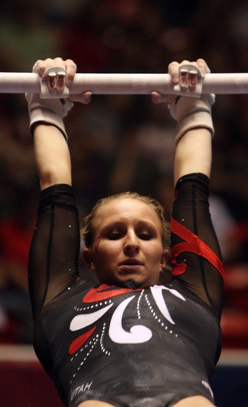 Kim Raff | The Salt Lake Tribune
University of Utah gymnast Cortni Beers competes in the uneven bars during the Pac 12 Gymnastics Championship at the Huntsman Center in Salt Lake City, Utah on March 24, 2012.