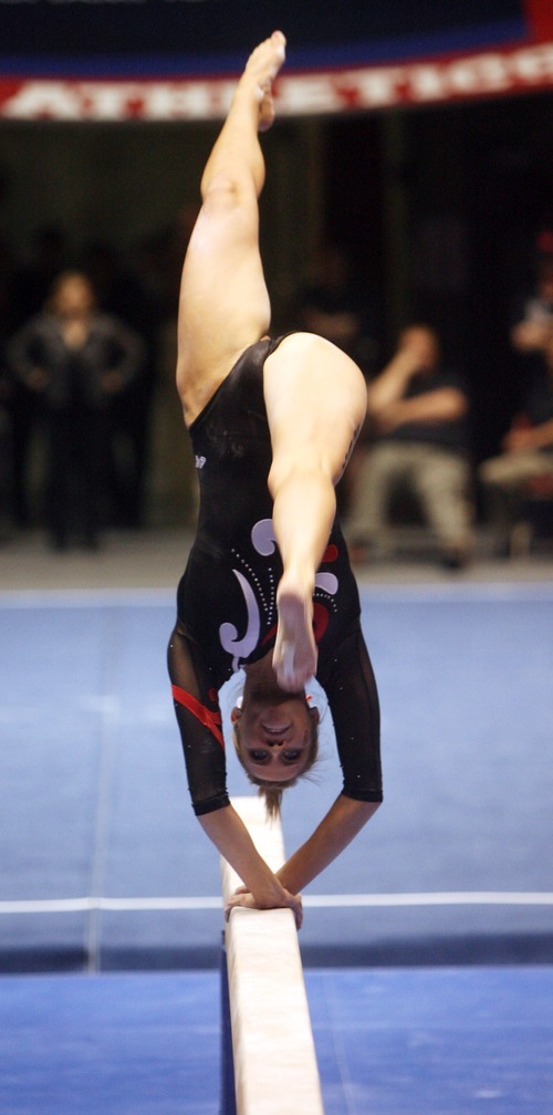 Kim Raff | The Salt Lake Tribune
University of Utah gymnast Cortni Beers competes on the beam during the Pac 12 Gymnastics Championship at the Huntsman Center in Salt Lake City, Utah on March 24, 2012.
