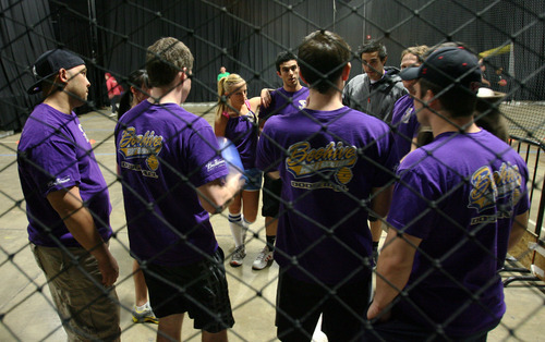 Steve Griffin  |  The Salt Lake Tribune

A dodgeball team in The Beehive Sport and Social Club adult league huddles up before the start of their semi-final match at The Complex in Salt Lake City on  Wednesday, March 14, 2012.