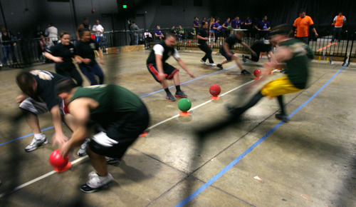 Steve Griffin  |  The Salt Lake Tribune

Dodgeball teams sprint for the balls during the Beehive Sport and Social Club adult league at The Complex in Salt Lake City on Wednesday, March 14, 2012.