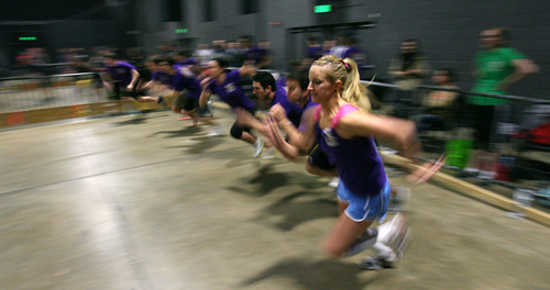 Steve Griffin  |  The Salt Lake Tribune

Dodgeball teams sprint for the balls during the Beehive Sport and Social Club adult league at The Complex in Salt Lake City on  Wednesday, March 14, 2012.