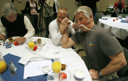 Francisco Kjolseth  |  The Salt Lake Tribune
Mayor of Murray Daniel Snarr, right, appears to be the man to beat as he jokes around with Russ Wall, mayor of Taylorsville, during a Heart Challenge kick off with a healthy breakfast. Eight mayors from cities in the Salt Lake Valley, two city councilmen, a city attorney and a city manager are participating in the 100-day 'My Heart Challenge' sponsored by Intermountain Medical Center Heart Institute as the event kicks off on Thursday, March 29, 2012.