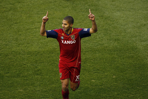 Chris Detrick | The Salt Lake Tribune
Real's Alvaro Saborio #15  celebrates after scoring a goal during the first half of the game at Rio Tinto Stadium Thursday, May 13, 2010. Real Salt Lake is winning the game against Houston Dynamo 2-0.