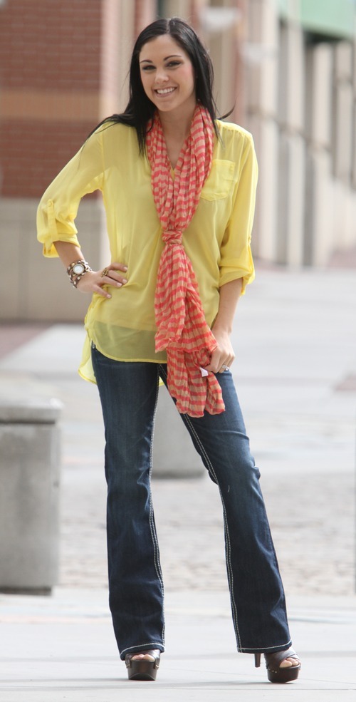 Rick Egan  | The Salt Lake Tribune 

Rick Egan  | The Salt Lake Tribune 

Shay Williamson models clothes from the Bohme Boutique in The Gateway, Friday, March 23, 2012. She wears a bright orange scarf paired with denim. Fun2Fun yellow blouse, $38.50; Bozzolo camisole, $9.50;LA Idol bootcut jean, $64.50; Bohme sandal, $38.50; Bohme scarf, $16.50; and Bohme ring, $8.50. All clothing from Bohme Boutique.