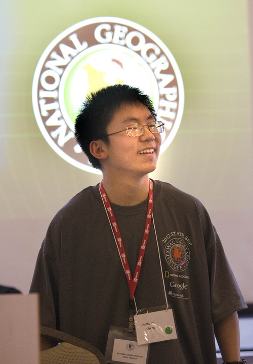 Paul Fraughton  |  The Salt Lake Tribune
Anthony Cheng smiles after being named the winner of this year's Utah National Geographic Bee held Friday at Thanksgiving Point in Lehi. Cheng, who has won the competition the past two years, will represent the state at the nationals in Washington, D.C., in May.