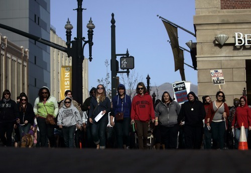 Kim Raff | The Salt Lake Tribune
Hundreds of people participate in a Hoodie March in downtown Salt Lake City on Saturday, March 31, 2012, to show support for Trayvon Martin, an unarmed black youth shot dead in Florida on Feb. 26 by neighborhood watch volunteer George Zimmerman.