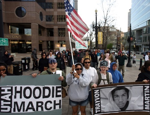 Kim Raff | The Salt Lake Tribune
Hundreds of people participate in a Hoodie March in downtown Salt Lake City on Saturday, March 31, 2012, to show support for Trayvon Martin, an unarmed black youth shot dead in Florida on Feb. 26 by neighborhood watch volunteer George Zimmerman.