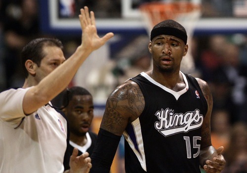 Kim Raff | The Salt Lake Tribune
Kings player Demarcus Cousins gets called for a foul as his face is bleeding put during a game against the Jazz at EnergySolutions Arena in Salt Lake City, Utah on March 30, 2012. The Jazz went on to lose the game 103-104.
