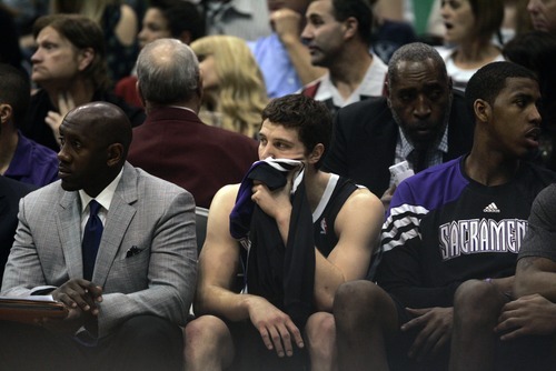 Kim Raff | The Salt Lake Tribune
Kings player Jimmer Fredette sits on the bench during his second home town appearance against the Jazz during a game at EnergySolutions Arena in Salt Lake City, Utah on March 30, 2012. The Jazz went on to lose the game 103-104.