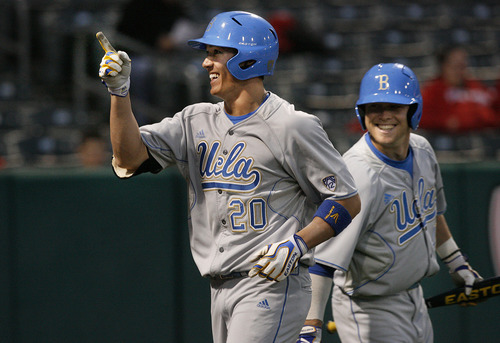 Scott Sommerdorf  |  The Salt Lake Tribune             
UCLA's RF Jeff Gelalich points to the dugout as he scored UCLA's tenth run on a HR in the sixth inning. UCLA led 10-0 at the tiome. UCLA plays Utah in the Utes' Pac-12 baseball opener at Spring Mobile Ballpark, Friday, March 30, 2012. Scott Sommerdorf  |  The Salt Lake Tribune             
UCLA plays Utah in the Utes' Pac-12 baseball opener at Spring Mobile Ballpark, Friday, March 30, 2012.
