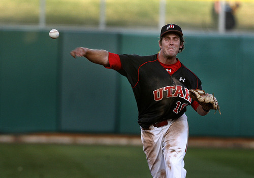 Scott Sommerdorf  |  The Salt Lake Tribune             
Utah ss James Brooks throws out UCLA's Eric Filia-Snyder during fifth inning action. UCLA plays Utah in the Utes' Pac-12 baseball opener at Spring Mobile Ballpark, Friday, March 30, 2012.