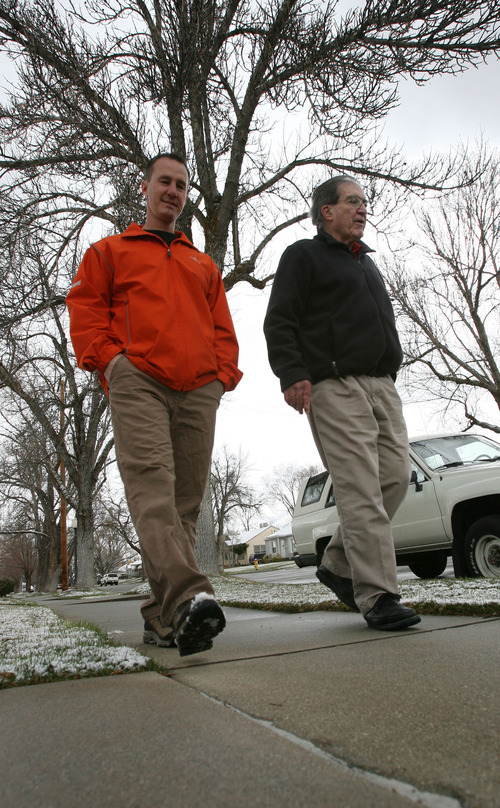 Steve Griffin  |  The Salt Lake Tribune

Fletcher Gross, right, who had a full knee replacement, walks with physical therapist Wade Phippen, near his home in Salt Lake City on Wednesday, March 14, 2012. Gross is participating in a University of Utah study of sarcopenia, or the loss of muscle mass and coordination.