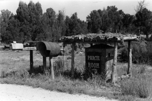 Photo courtesy Utah State Historical Society

Mail boxes and parcel room along highway 160 in San Juan County, Utah. July 1940.