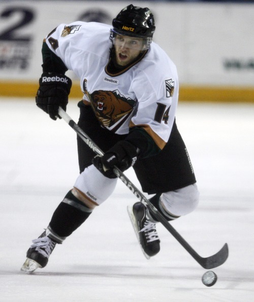 Rick Egan  | The Salt Lake Tribune 

Kory Falite (14) looks for a shot for the Grizzlies, in ECHL action Grizzlies vs. The Las Vegas Wrangles, at the Maverick Center,  Monday, April 2, 2012.