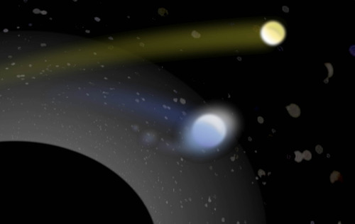 Courtesy of Ben Bromley, University of Utah
Artist's conception of a supermassive black hole (lower left) with its tremendous gravity capturing one star (bluish, center) from a pair of binary stars, while hurling the second star (yellowish, upper right) away at a hypervelocity of more than 1 million mph. The grayish blobs
are other stars captured in a cluster near the black hole. They appear
distorted because the black hole's gravity curves spacetime and thus bends the starlight.
