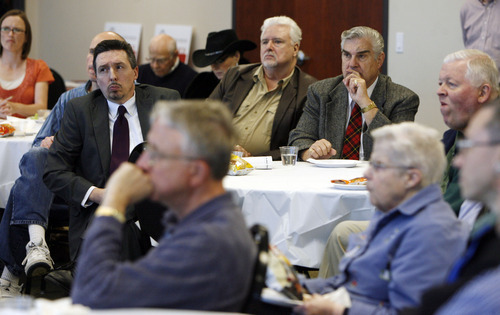 Francisco Kjolseth  |  The Salt Lake Tribune
Delegates listen to Sen. Orrin Hatch respond to questions as he meets with a few GOP delegates at the Deseret Power building in South Jordan on Monday, April 2, 2012. U.S. Senate candidates are essentially in hand-to-hand combat over state delegates, trying to meet or phone them personally.