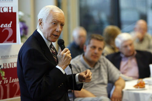 Francisco Kjolseth  |  The Salt Lake Tribune
Sen. Orrin Hatch sets up time with GOP delegates at the Deseret Power building in South Jordan on Monday, April 2, 2012. U.S. Senate candidates are essentially in hand-to-hand combat over state delegates, trying to meet or phone them personally.