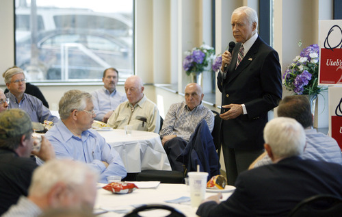 Francisco Kjolseth  |  The Salt Lake Tribune
Sen. Orrin Hatch spends time with delegates from Salt Lake County at the Deseret Power building in South Jordan on Monday, April 2, 2012. U.S. Senate candidates are essentially in hand-to-hand combat over state delegates, trying to meet or phone them personally.