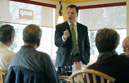 Al Hartmann  |  The Salt Lake Tribune
Candidate for U.S. Senate Dan Liljenquist speaks to an early morning breakfast meeting with delegates at an IHOP in Midvale Monday April 2. U.S. Senate candidates are working hard to persuade state GOP delegates in what is essentially hand-to-hand combat campaigning, trying to meet or phone all of them personally.