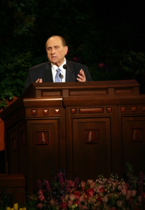 Kim Raff  |  The Salt Lake Tribune
LDS Church President Thomas S. Monson speaks during the church's 182nd Annual General Conference in Salt Lake City on Sunday, April 1, 2012.