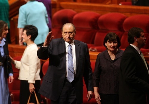 Kim Raff  |  The Salt Lake Tribune
LDS Church President Thomas S. Monson waves as he leaves the afternoon session of the church's 182nd Annual General Conference in Salt Lake City on Sunday, April 1, 2012.