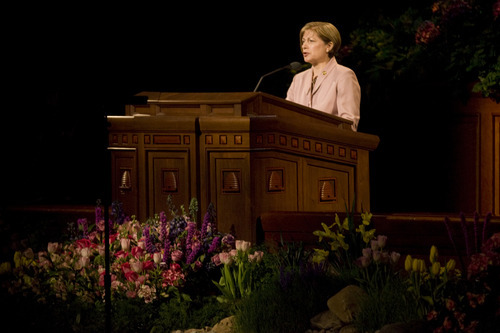 Kim Raff  |  The Salt Lake Tribune
Sister Julie B. Beck speaks after being released as Relief Society president during the 182nd Annual General Conference of the LDS Church in Salt Lake City on Sunday, April 1, 2012.