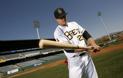 Francisco Kjolseth  |  The Salt Lake Tribune
Angels phenom Mike Trout, who begins the season with the Salt Lake Bees, attends media day on Tuesday, April 3, 2012 at Spring Mobile Ballpark.