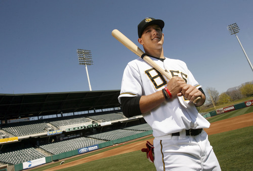 Francisco Kjolseth  |  The Salt Lake Tribune
Angels phenom Mike Trout, who begins the season with Salt Lake Bees attends media day on Tuesday, April 3, 2012 at Spring Mobile Ballpark in Salt Lake City.