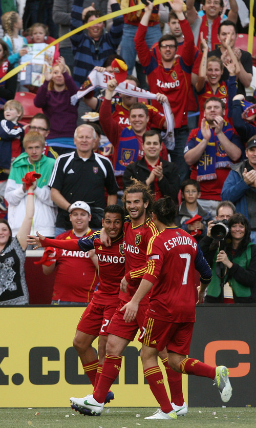 Steve Griffin/The Salt Lake Tribune


RSL's Paulo Junior, left, is mobbed by teammates Kyle Beckerman and Fabian Espindola after making penalty kick into the net during first half action in the RSL versus Montreal soccer game at Rio Tinto Stadium in Sandy Wednesday April 4, 2012.