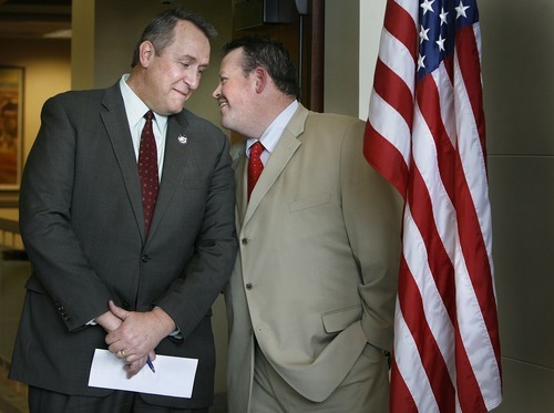 Scott Sommerdorf  |  Tribune file photo

Utah Attorney General Mark Shurtleff, left, talks in February 2010 with Rep. Carl Wimmer, R-Herriman. Despite serious disagreements over immigration laws, Shurtleff this week endorsed Wimmer in the 4th Congressional District race.