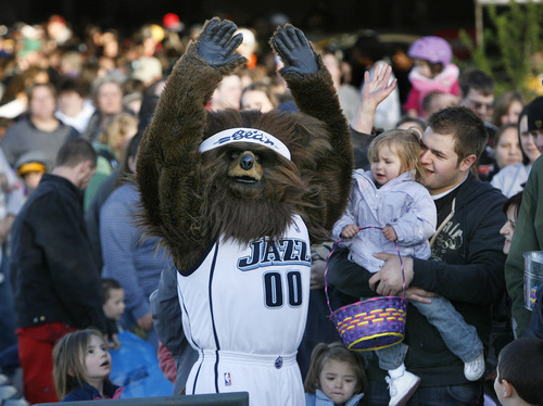 Tribune file photo
Easter egg hunts are planned throughout northern Utah. This one with the Jazz Bear took place at the Bees ballpark in Salt Lake City in 2009.