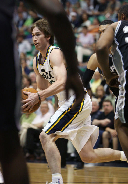 Steve Griffin/The Salt Lake Tribune


Utah's Gordon Hayward cuts across the lane during first half action in the Jazz versus Spurs game at EnergySolutions Arena in Salt Lake City Monday April 9, 2012.