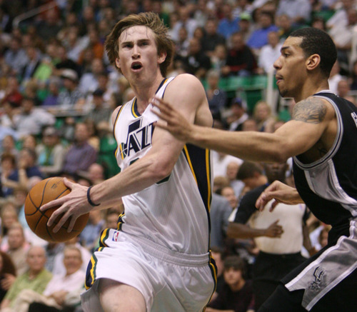 Steve Griffin/The Salt Lake Tribune


Utah's Gordon Hayward drives into the lane during first half action in the Jazz versus Spurs game at EnergySolutions Arena in Salt Lake City Monday April 9, 2012.