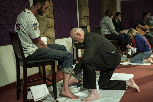 Chris Detrick  |  The Salt Lake Tribune
Clair Hadley washes Josh Jones' feet during a Maundy Thursday service at Mount Olympus Presbyterian Church on April 5, 2012.