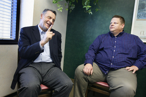 Scott Sommerdorf  |  The Salt Lake Tribune             
Jeff Haaga, left, chats with Darren King at St. Mark's Hospital. King, who is committed to improving his health through major weight loss, applied for -- and was awarded -- the first 2012 grant from the Weight Loss Surgery Foundation of America. It will pay for the Virginia resident's gastric bypass surgery at St. Mark's Hospital. The organization giving the money is run by Haaga, who underwent bypass surgery.