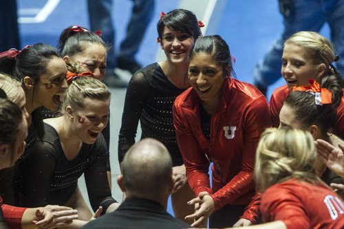 Chris Detrick  |  The Salt Lake Tribune
Members of the Utah Gymnastics team huddle during the NCAA gymnastics Regionals at the Huntsman Center Saturday April 7, 2012. Utah won the meet with a score of 196.8250 and will compete in the national championship April 20-22 in Duluth, Georgia.