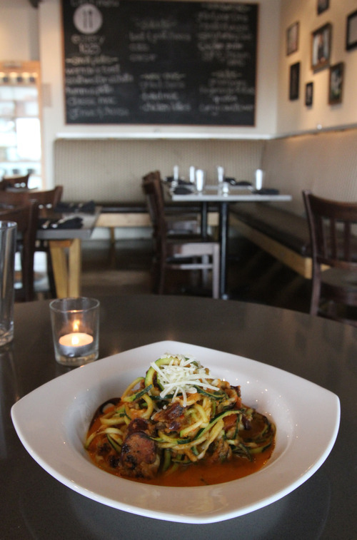 Rick Egan  | The Salt Lake Tribune 
Opened in May 2011, Eatery 1025 in Bountiful highlights new American tastes of local, sustainable products with a nod to vegetarian, vegan and gluten-free fare. Pictured, zucchini ribbons with marinara and spicy chicken sausage.