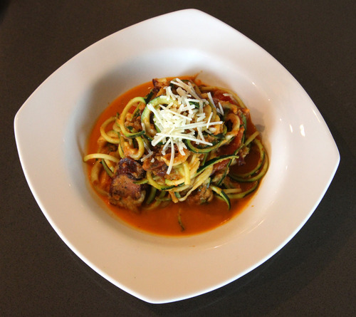 Rick Egan  | The Salt Lake Tribune 
Opened in May 2011, Eatery 1025 in Bountiful highlights new American tastes of local, sustainable products with a nod to vegetarian, vegan and gluten-free fare. Pictured, zucchini ribbons with marinara and spicy chicken sausage.