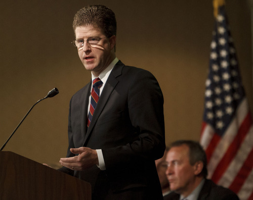 Trent Nelson  |  The Salt Lake Tribune
U.S. Attorney for Utah David Barlow addresses a capacity room at the Trafficking in Persons Symposium at the Hilton Tuesday, April 10, 2012 in Salt Lake City, Utah.