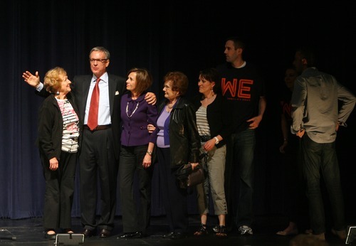 Kim Raff | The Salt Lake Tribune
Scott Howell stands with his family on stage after participating in a Democratic debate for U.S. Senate with Pete Ashdown at Juan Diego Catholic High School auditorium in Draper, Utah on April 11, 2012.