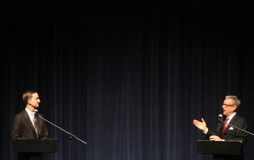 Kim Raff | The Salt Lake Tribune
(left) Pete Ashdown and Scott Howell participate in a Democratic debate for U.S. Senate at Juan Diego Catholic High School auditorium in Draper, Utah on April 11, 2012.