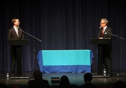 Kim Raff | The Salt Lake Tribune
(left) Pete Ashdown and Scott Howell participate in a Democratic debate for U.S. Senate at Juan Diego Catholic High School auditorium in Draper, Utah on April 11, 2012.