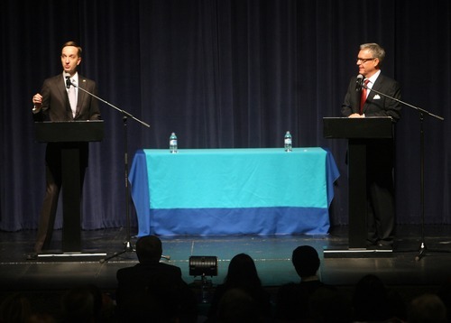 Kim Raff | The Salt Lake Tribune
(left) Pete Ashdown answers a question as Scott Howell looks on during the Democratic debate for U.S. Senate at Juan Diego Catholic High School auditorium in Draper, Utah on April 11, 2012.