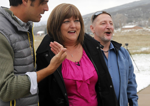Al Hartmann  |  The Salt Lake Tribune
Vicki and William Naggy, of Acme, PA, react as they get a first look at their new $2 million dollar grand prize HGTV Dream Home in Midway on Friday, April 13.