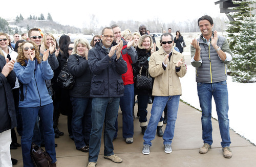 Al Hartmann  |  The Salt Lake Tribune
Crowd and members of HGTV staff applalud as Vicki and William Naggy of Acme, PA, arrive and get a first look at their new $2 million dollar grand prize HGTV Dream Home in Midway on Friday, April 13, 2012.