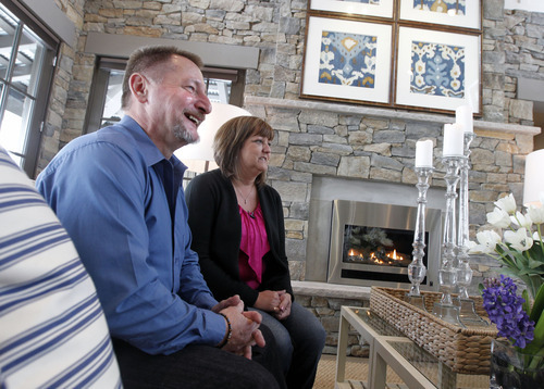 Al Hartmann  |  The Salt Lake Tribune
William and Vicki Naggy, of Acme, PA, settle in to the living room and relax before taking a tour of their new $2 million dollar grand prize HGTV Dream Home in Midway on Friday, April 13.