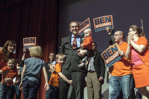 Chris Detrick  |  The Salt Lake Tribune
Salt Lake County mayor candidate Ben McAdams is surround by his family and supporters during the Salt Lake County Democratic Party Nominating Convention at Murray High School Saturday April 14, 2012.
