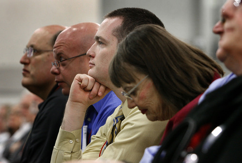 Scott Sommerdorf  |  The Salt Lake Tribune             
GOP delegates patiently listen to a stream of speakers during the GOP convention, Saturday, April 14, 2012. Salt Lake County Republicans gathered to select candidates for county posts.