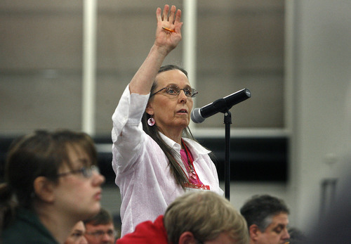 Scott Sommerdorf  |  The Salt Lake Tribune             
GOP delegate Kathryn Fuller tries to be recognized to ask a question about the ballot during the GOP Convention, Saturday, April 14, 2012. Salt Lake County Republicans gathered to select candidates for county posts.