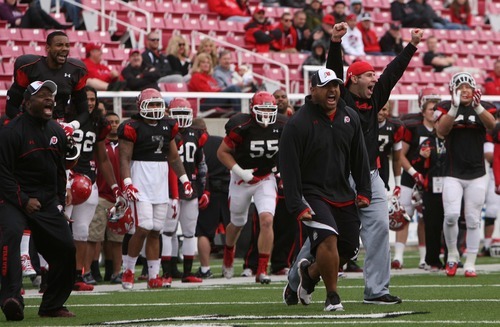 Leah Hogsten  |  The Salt Lake Tribune
The defense was pleased with their performance during the scrimmage. University of Utah football team held their Spring red and white scrimmage Saturday, April 14 2012 in Salt Lake City at Rice Eccles Stadium.